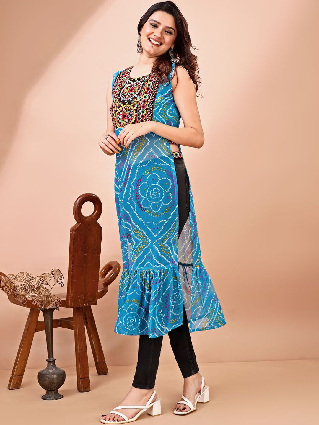 KALINI Bandhani Printed Round Neck Thread Work Georgette Straight Kurta