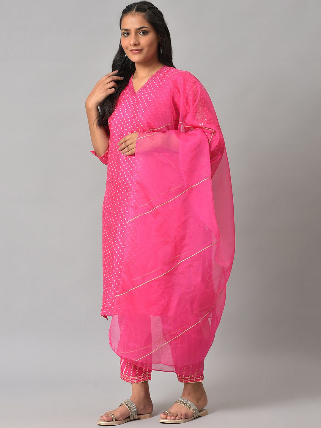 W Polka Print Karnatka Silk Kurta With Straight Pant & Dupatta