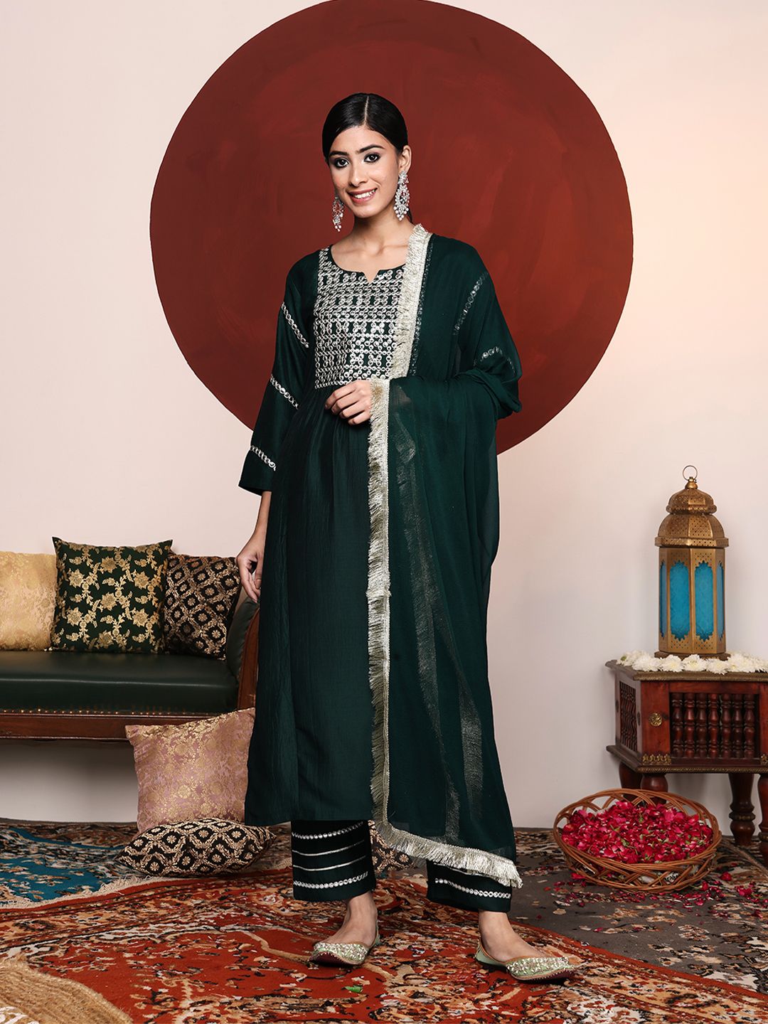 Varanga Women Green Yoke Design Mirror Work Kurta with Trousers &  Dupatta