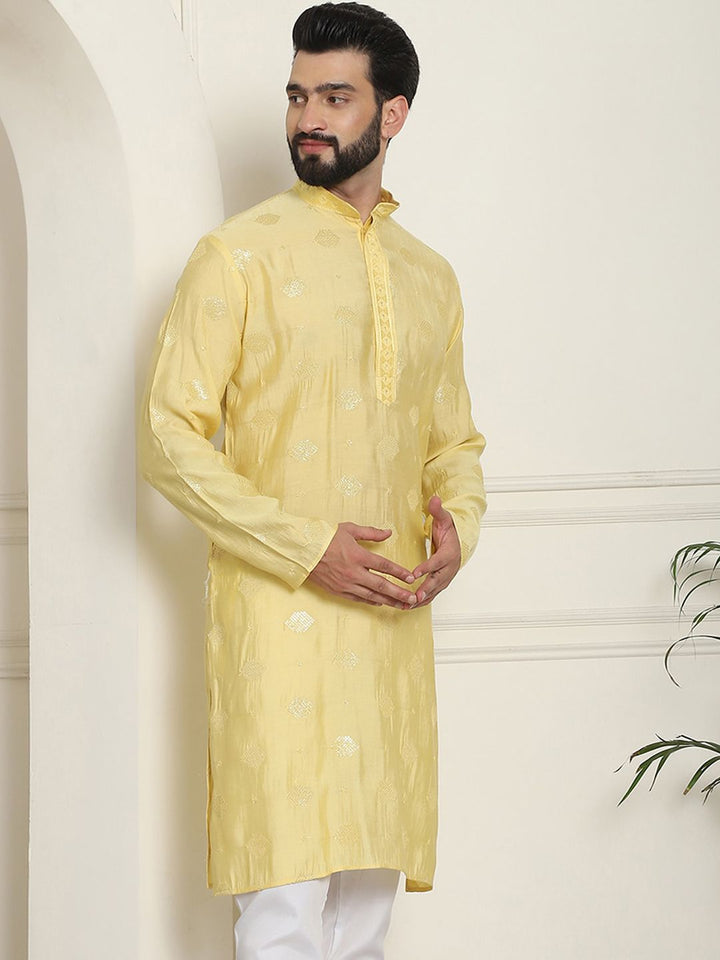 SOJANYA Kurta Lurus Sutera Berhias Geometrik Kolar Mandarin Kapas