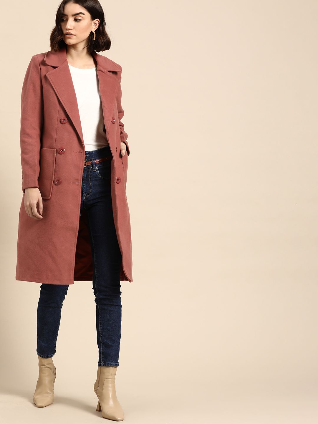 all about you Women Dusty Pink Solid Single Breasted Overcoat with Oversized Pockets