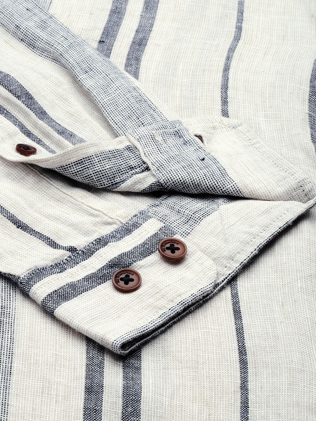 Mr Bowerbird Men White & Black Liberal Fit Striped Casual Shirt