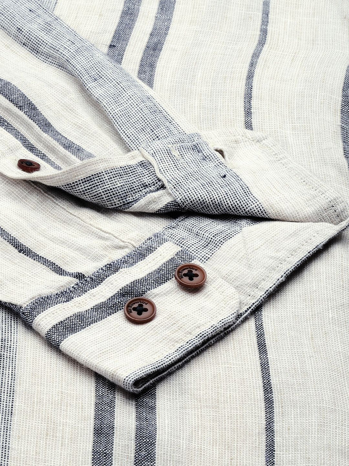Mr Bowerbird Men White & Black Liberal Fit Striped Casual Shirt