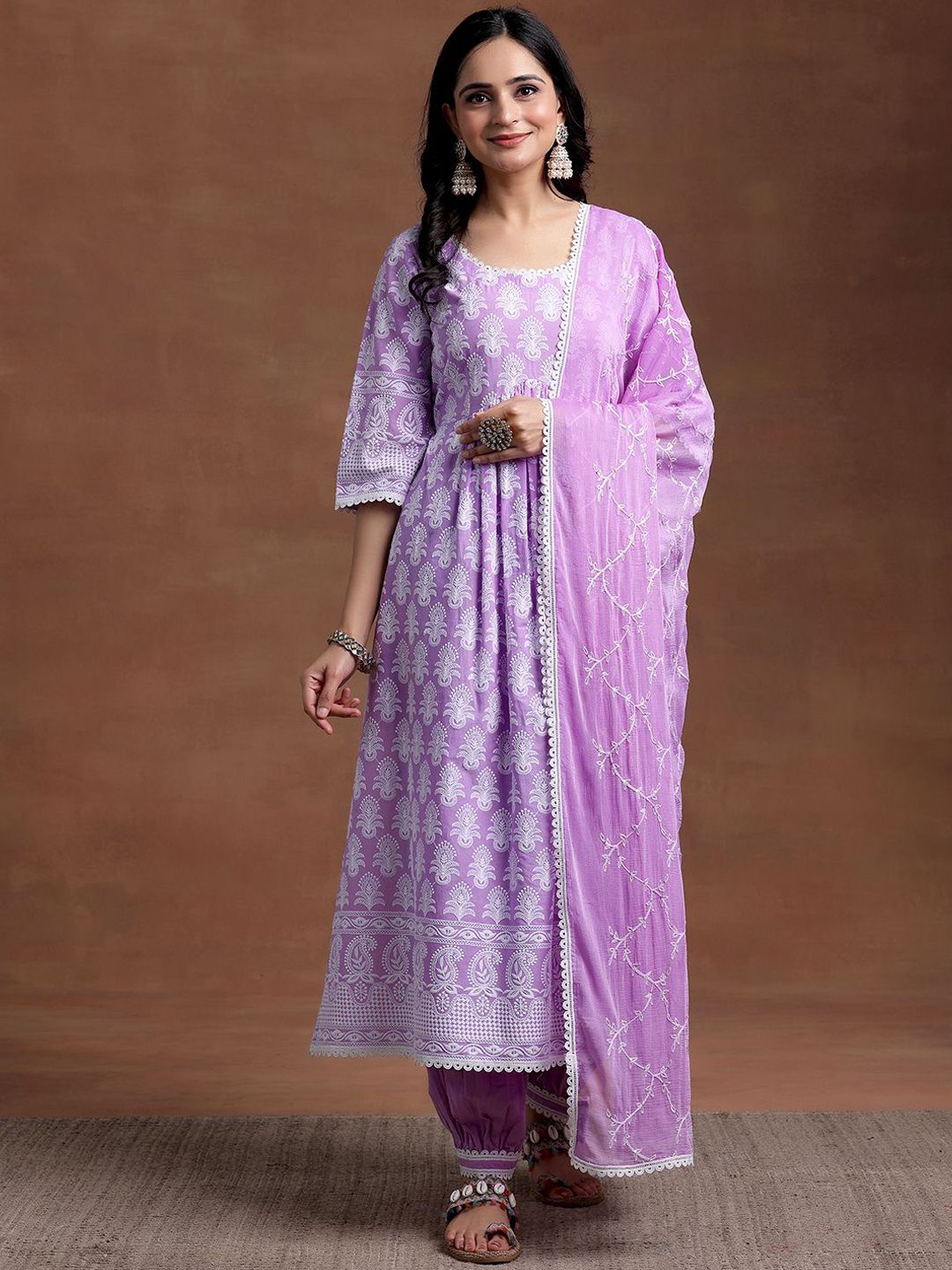 Libas Women Floral Regular Thread Work Pure Cotton Kurta with Salwar & With Dupatta