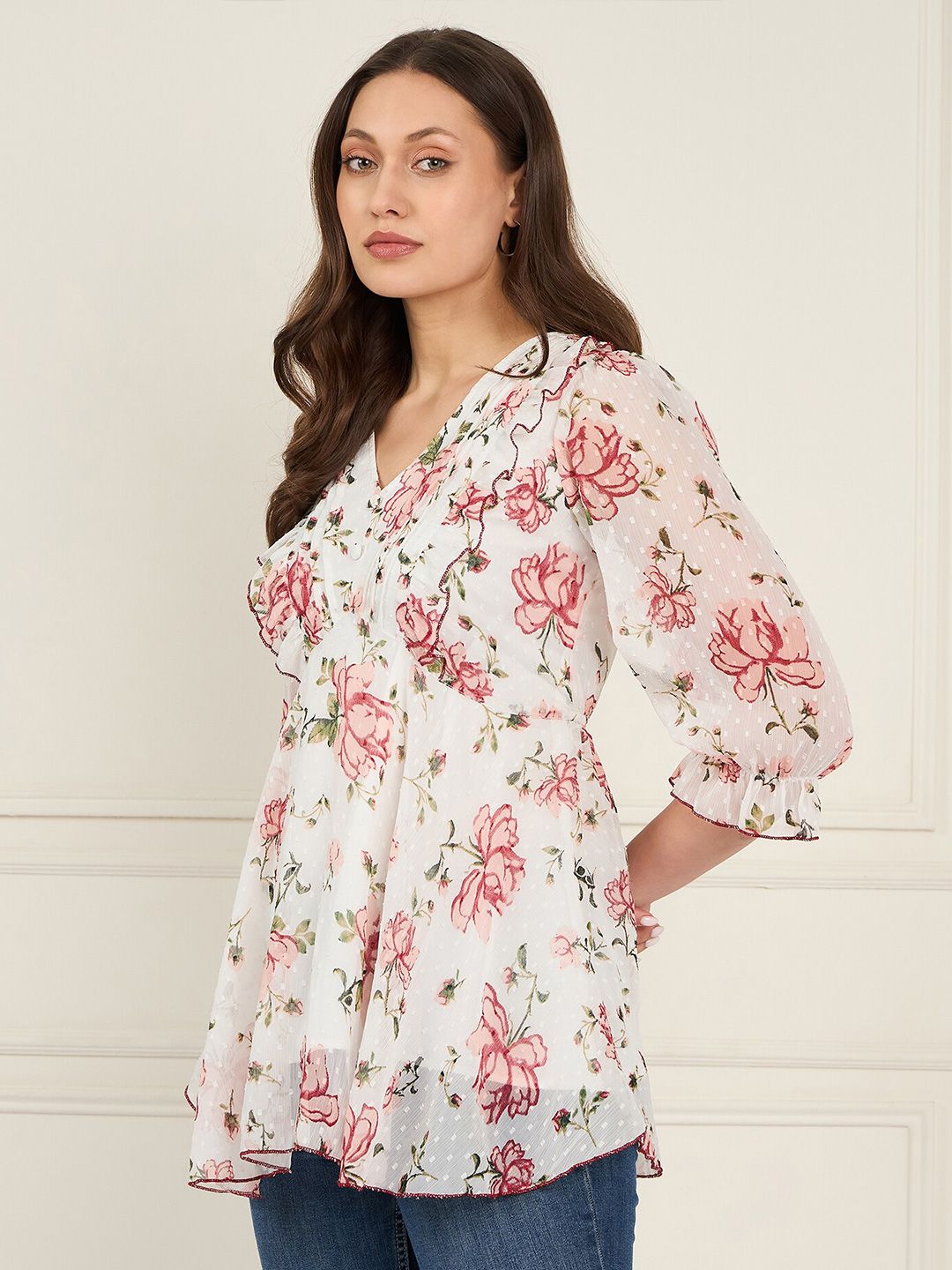Antheaa Floral Print Puff Sleeve Ruffles Chiffon Wrap Top