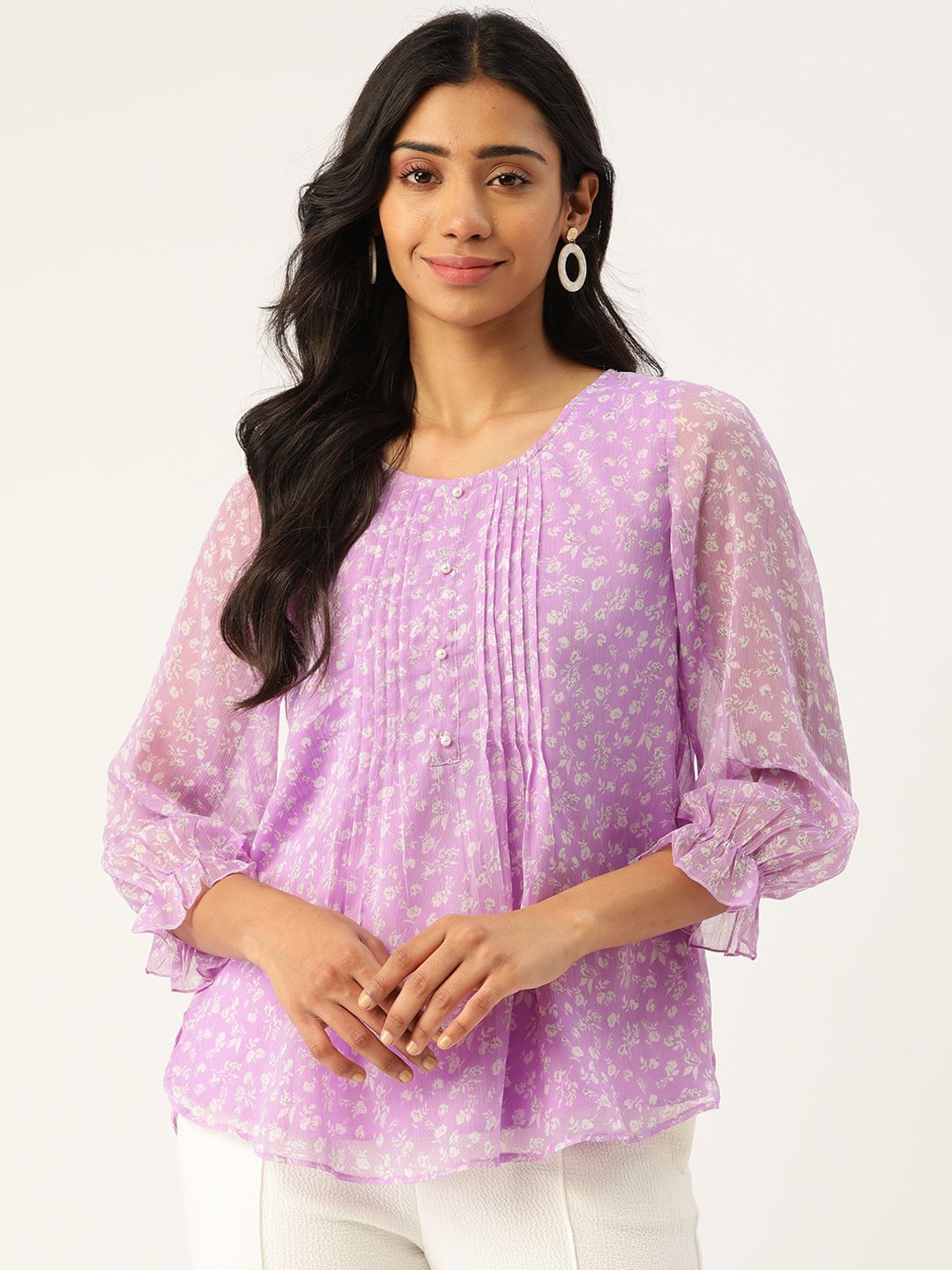 Antheaa Women Lavender & White Floral Print Top