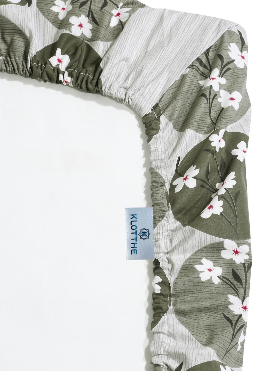 KLOTTHE Olive & White Floral Printed Cotton 400 TC Set Cadar King 2.5 m x 2.25 m