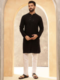 Anouk Black Geometric Embroidered Mandarin Collar Straight Pure Cotton Kurta With Trousers
