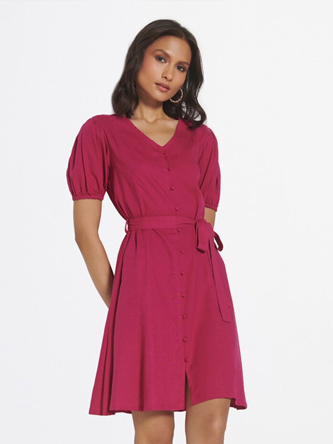 AND Magenta Colourblocked Puff Sleeve Linen A-Line Dress