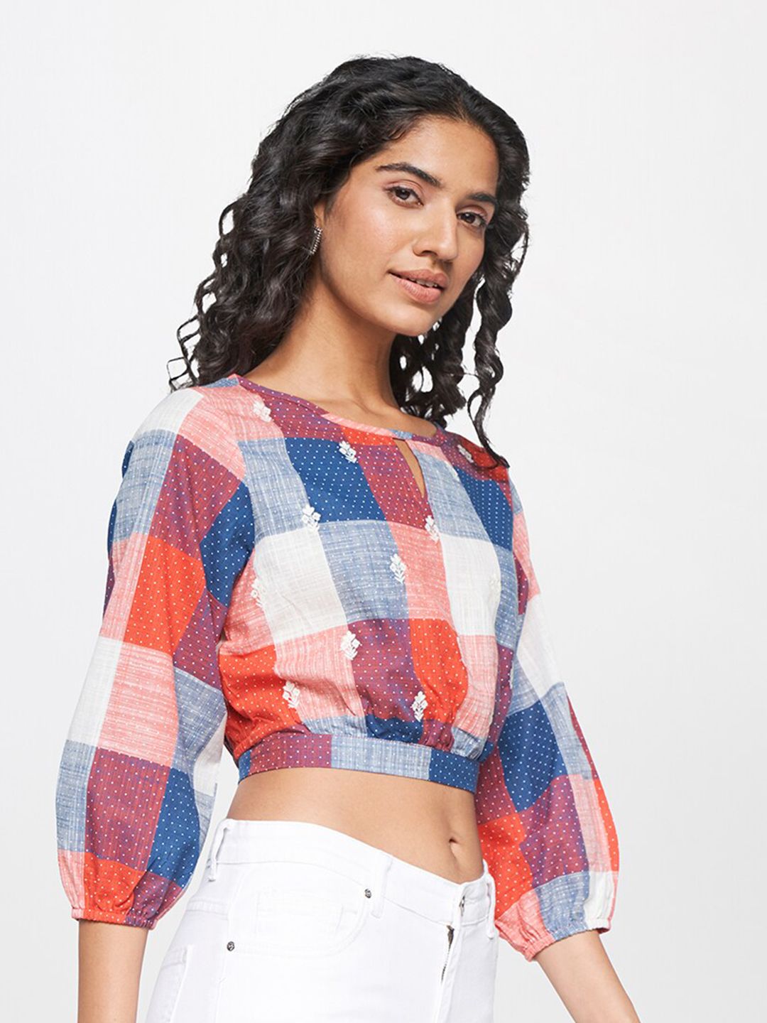 Global Desi Checked Puff Sleeves Pure Cotton Crop Top