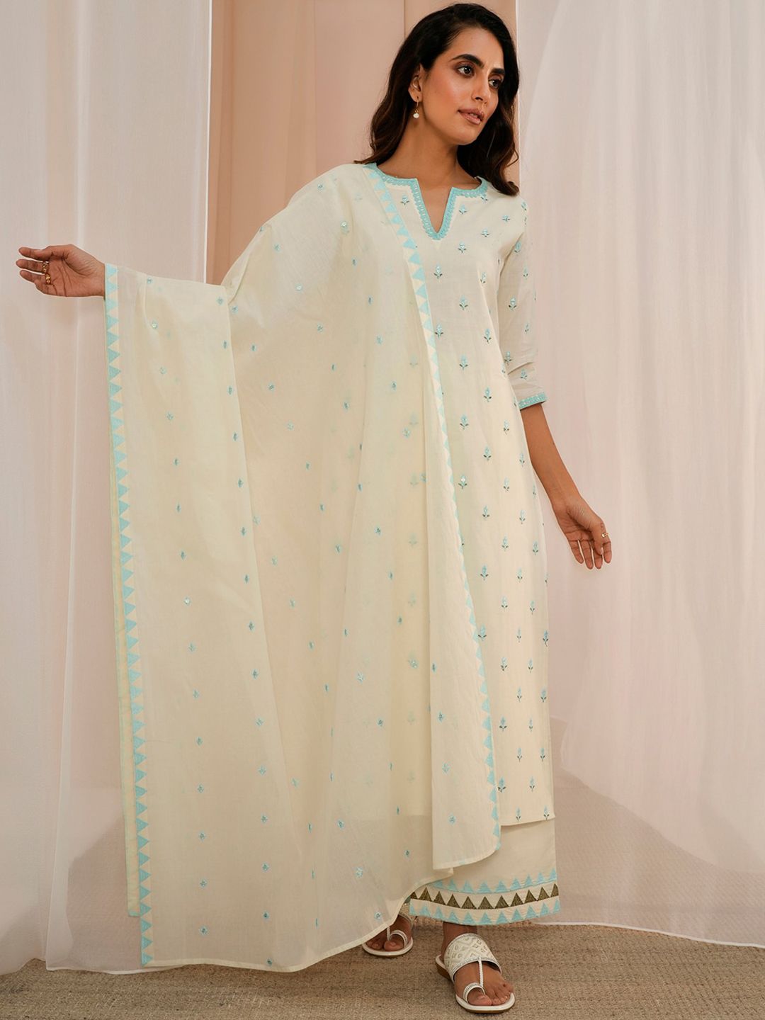 Libas Floral Embroidered Thread Work Pure Cotton Kurta With Palazzos & Dupatta