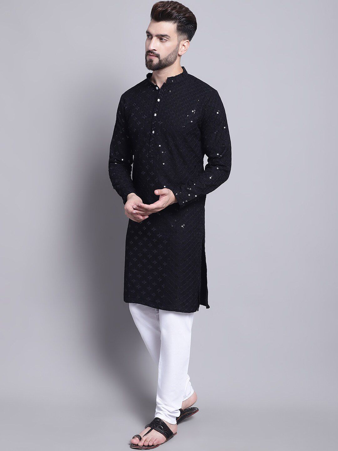SOJANYA Ethnic Motifs Embroidered Sequined Pure Cotton Kurta with Churidar