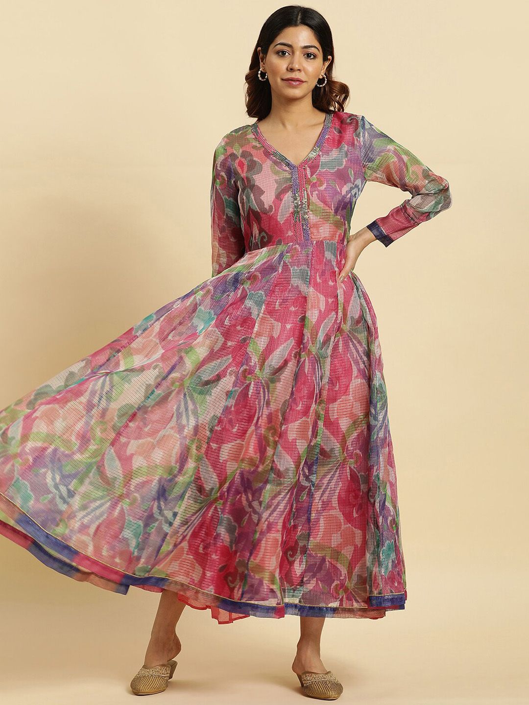 W Pink & Green Abstract Printed Fit & Flare Ethnic Dress