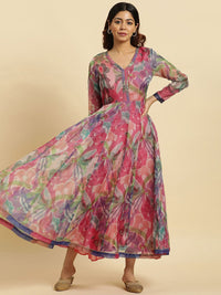 W Pink & Green Abstract Printed Fit & Flare Ethnic Dress