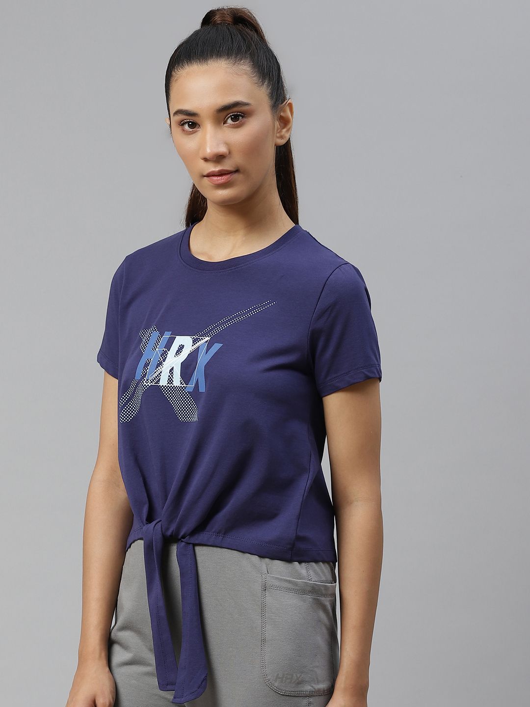 HRX By Hrithik Roshan Women Medieval Blue Solid Bio-Wash Lifestyle T-Shirt