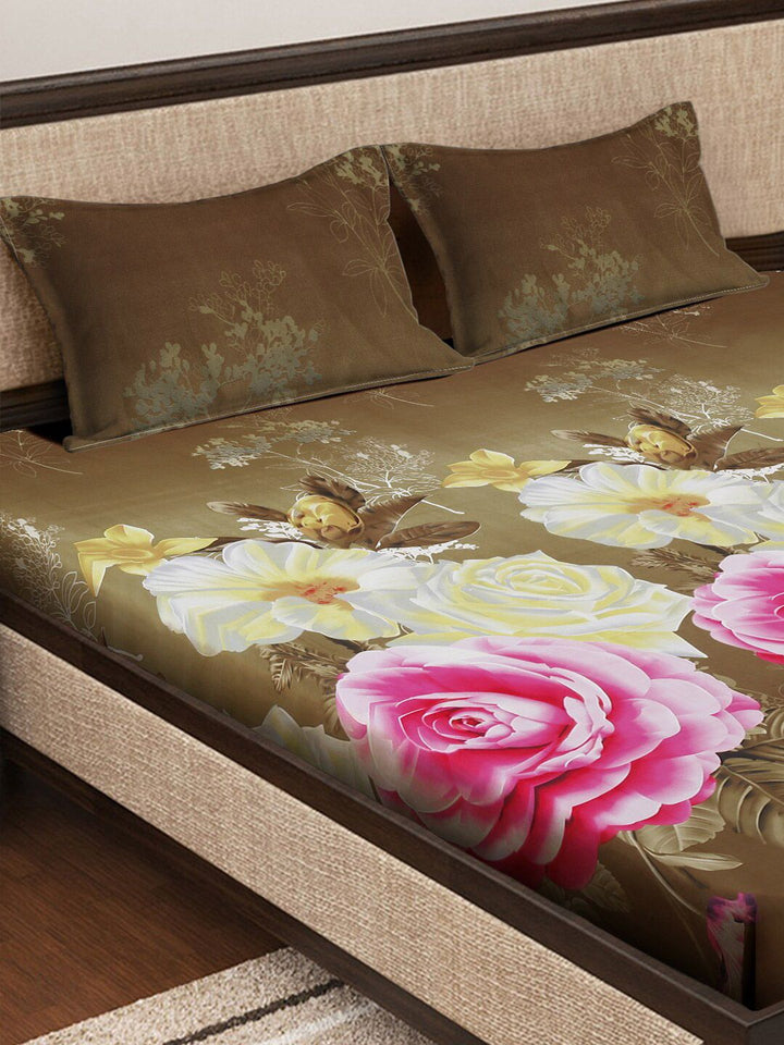 KLOTTHE Brown & Pink Floral 300 TC King Bedsheet With 2 Pillow Covers