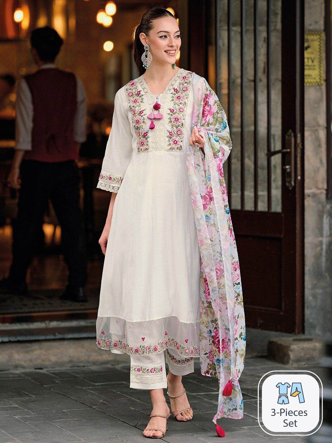 Indo Era Floral Embroidered Thread Work A-Line Kurta With Trousers & Dupatta