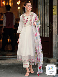 Indo Era Floral Embroidered Thread Work A-Line Kurta With Trousers & Dupatta