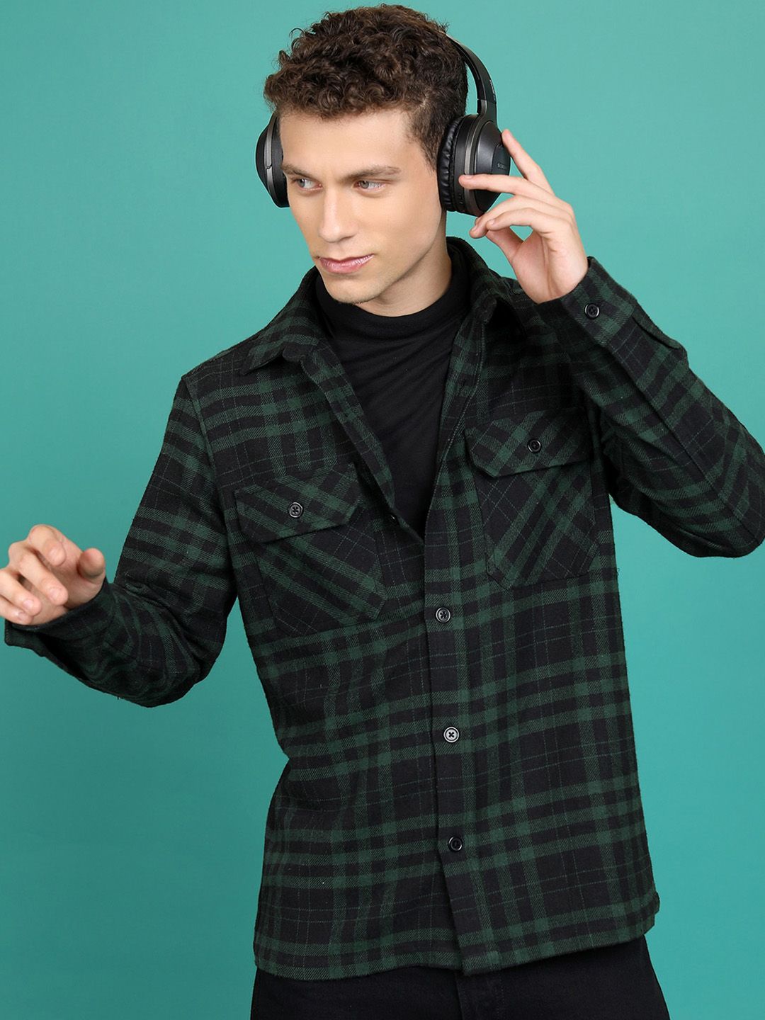 HIGHLANDER Checked Spread Collar Long Sleeves Flannel Checked Shirt