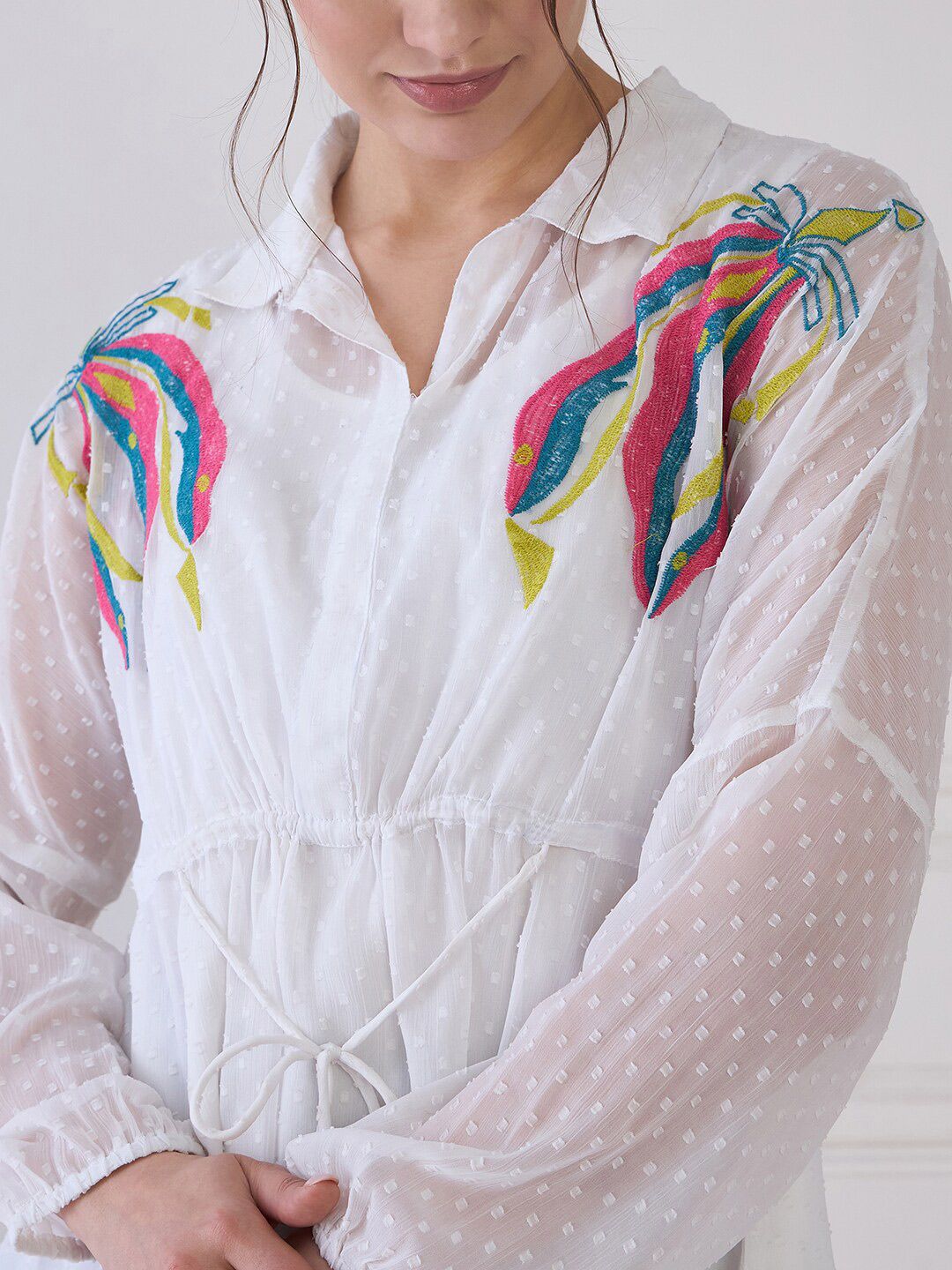 Antheaa Striped Puff Sleeve Chiffon Cinched Waist Top