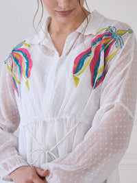 Antheaa Striped Puff Sleeve Chiffon Cinched Waist Top