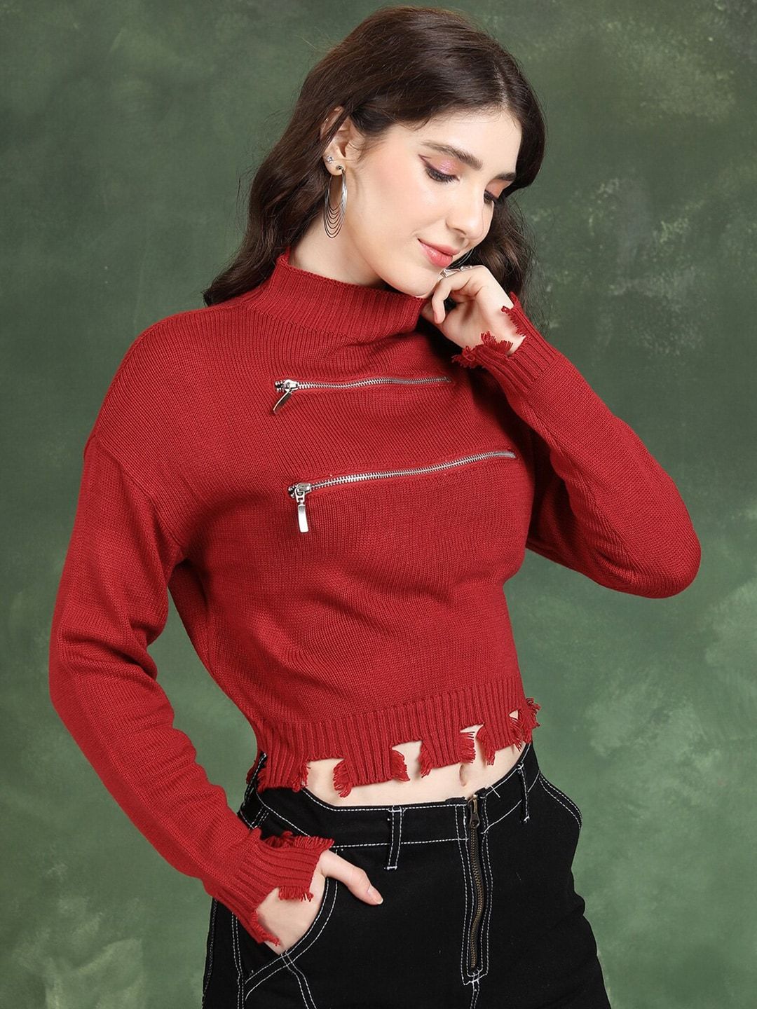 Tokyo Talkies Red High Neck Acrylic Crop Pullover