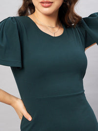 Antheaa Green Flared Sleeve Ruffled Bodycon Midi Dress