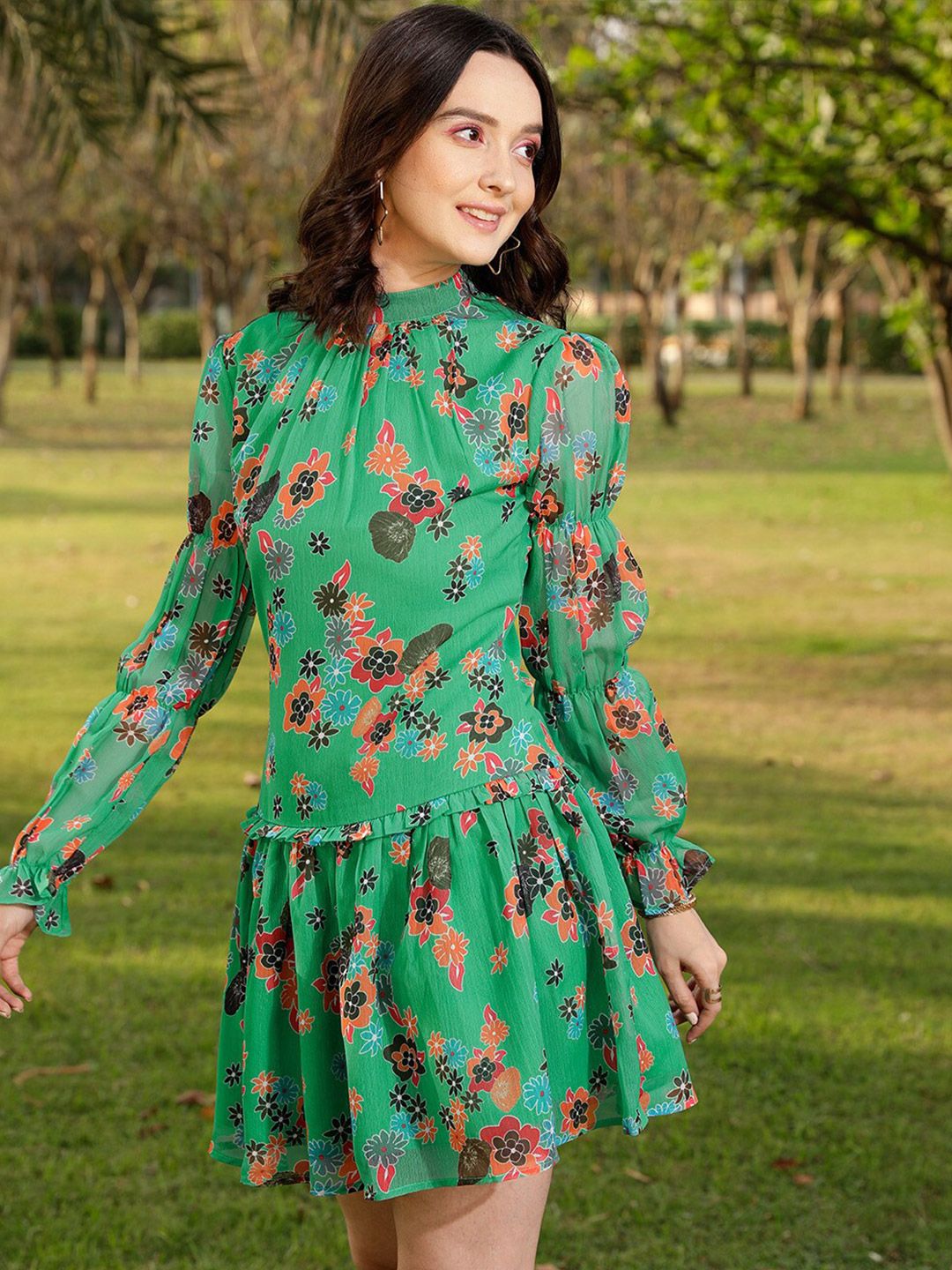 STREET 9 Green & Orange Coloured Floral Printed & Gathered Drop Waist Dress