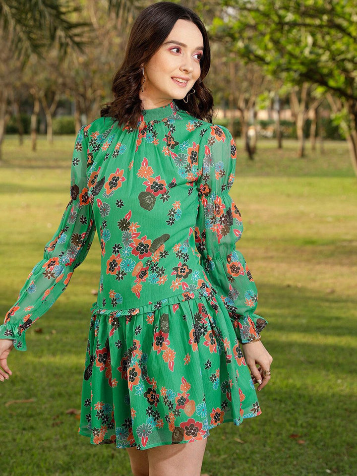 STREET 9 Green & Orange Coloured Floral Printed & Gathered Drop Waist Dress
