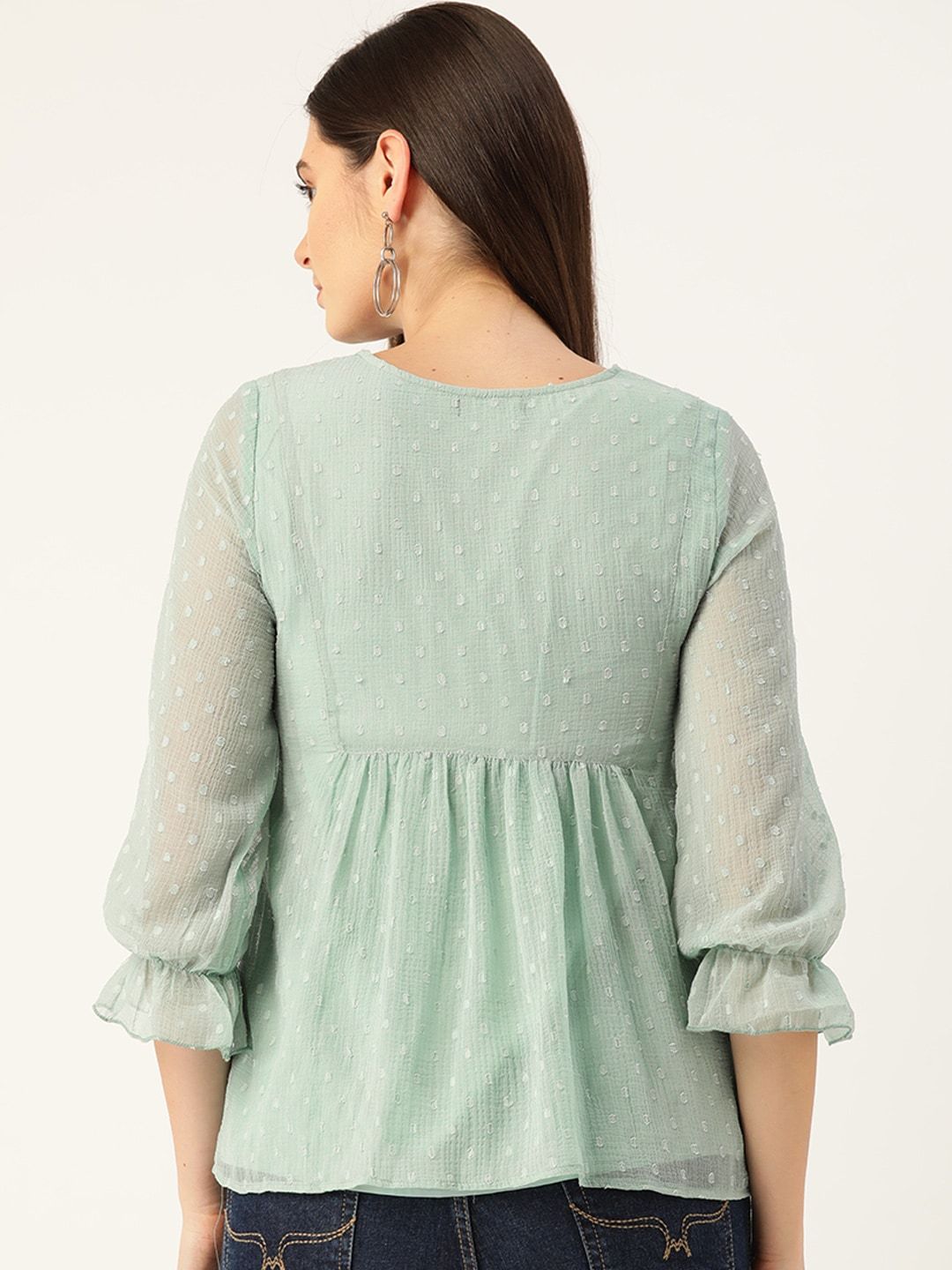 Antheaa Sea Green & Pink Yoke Embroidered Dobby Weave A-Line Top