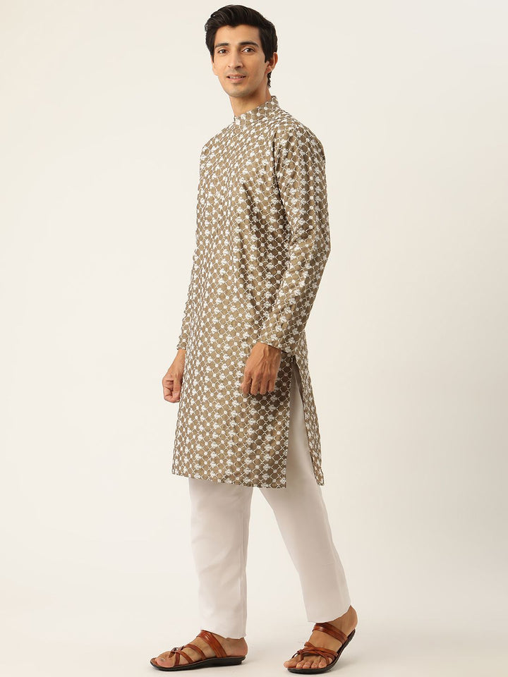 SOJANYA Men Olive Green & White Embroidered Kurta with Pyjamas & Nehru Jacket