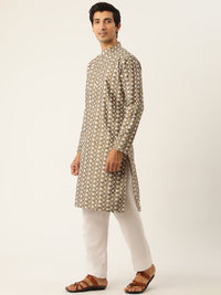 SOJANYA Men Olive Green & White Embroidered Kurta with Pyjamas & Nehru Jacket