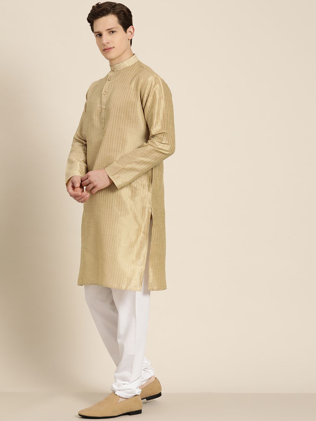SOJANYA Kurta Belang Beige Lelaki dengan Piyama & Jaket Nehru