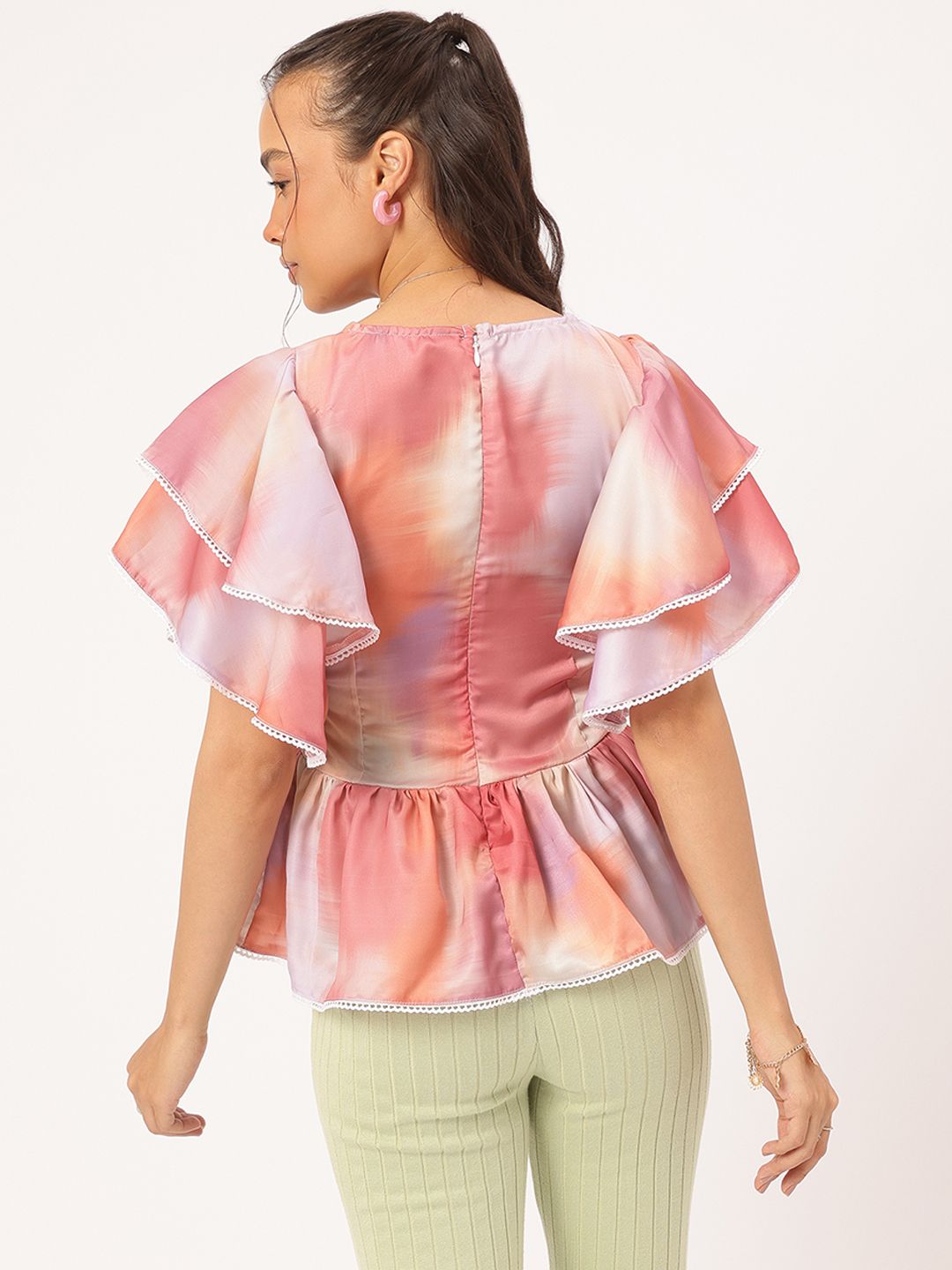 DressBerry Rainbow Radiance Printed Twisted Flutter Sleeves Peplum Top