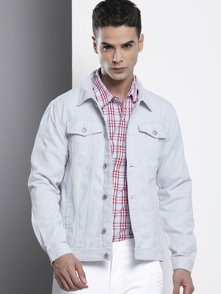 The Indian Garage Co Men Slim Fit Denim Trucker Jacket with Double Flap Pockets