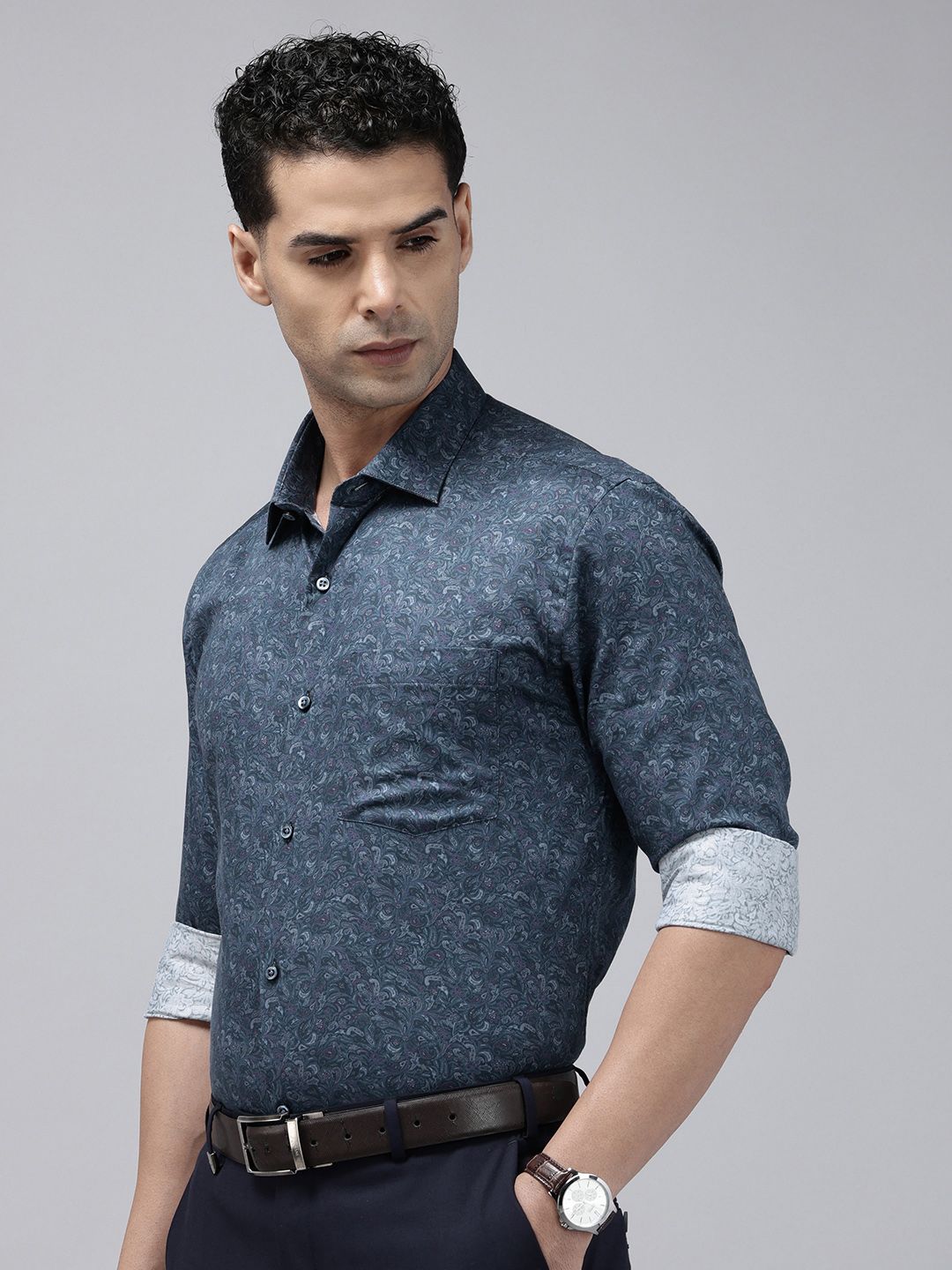 Park Avenue Slim Fit Opaque Ethnic Motifs Printed Pure Cotton Formal Shirt