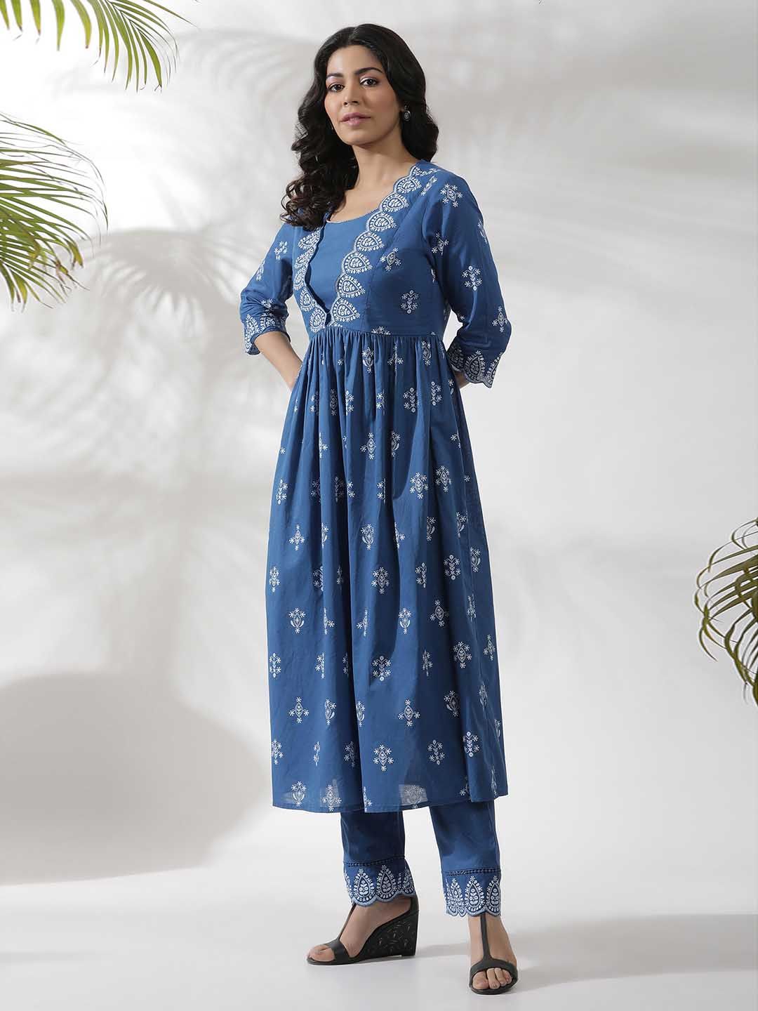 W Ethnic Motifs Printed Round Neck Pure Cotton Kurta & Trouser