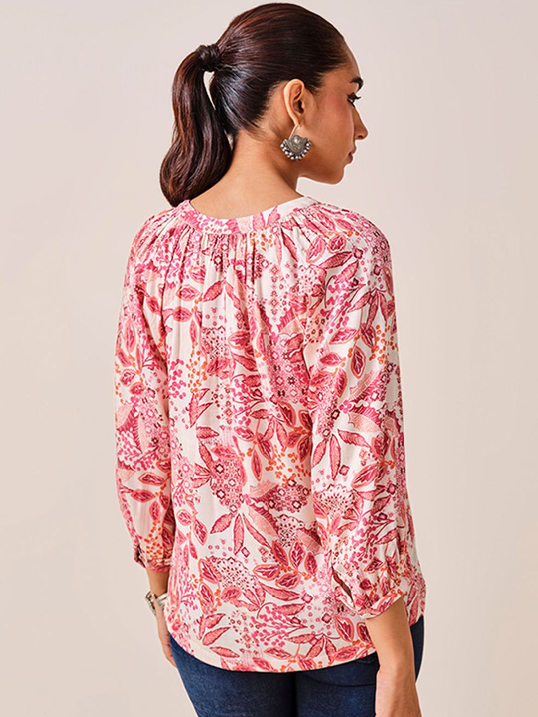 Global Desi Floral Printed Mandarin Collar Top