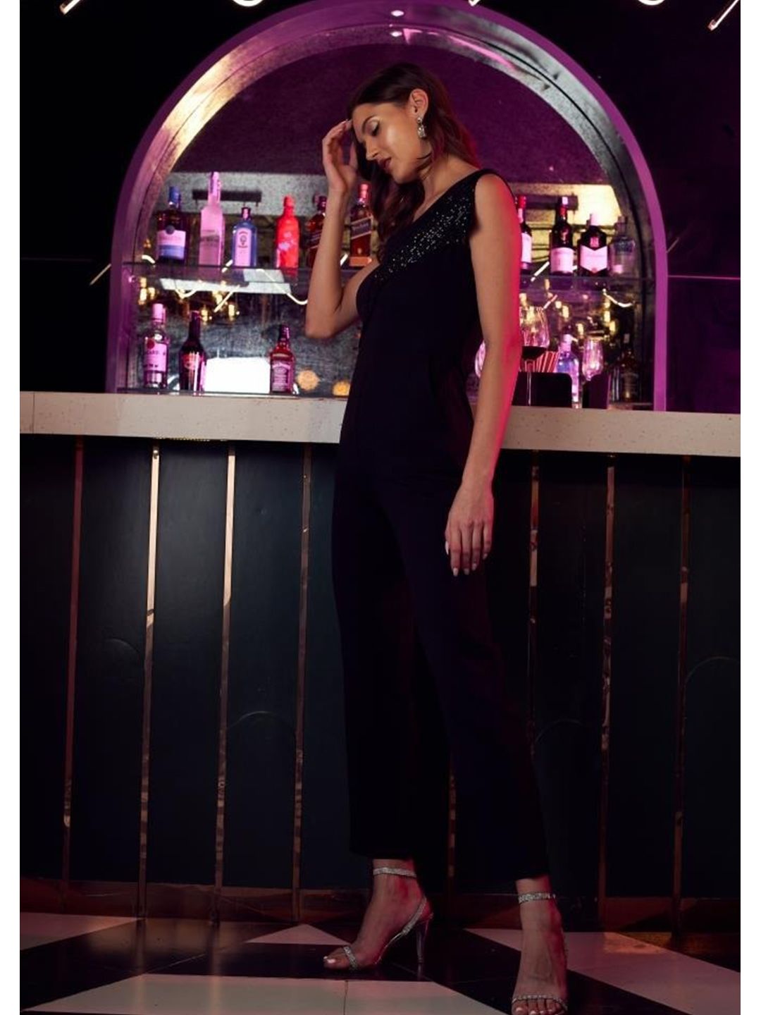 Athena Black One Shoulder Basic Jumpsuit with Embellished