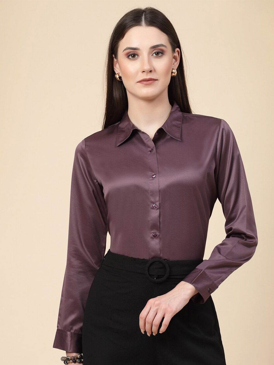 Style Quotient Mauve Spread Collar Smart Satin Formal Shirt