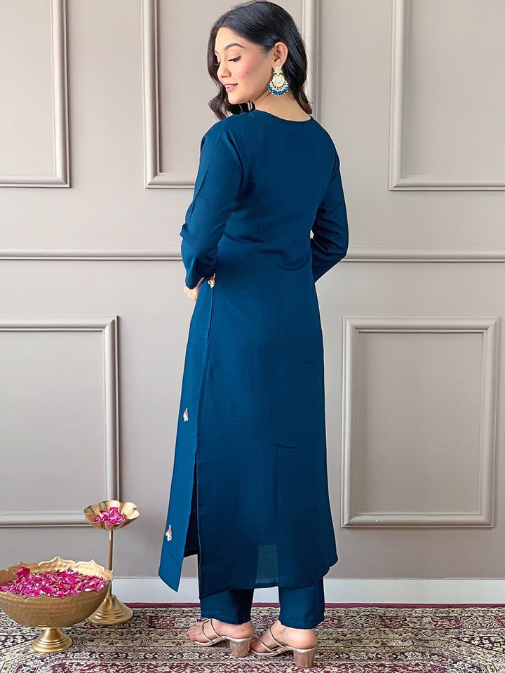 KALINI Floral Embroidered Regular Thread Work Straight Kurta With Trousers & Dupatta