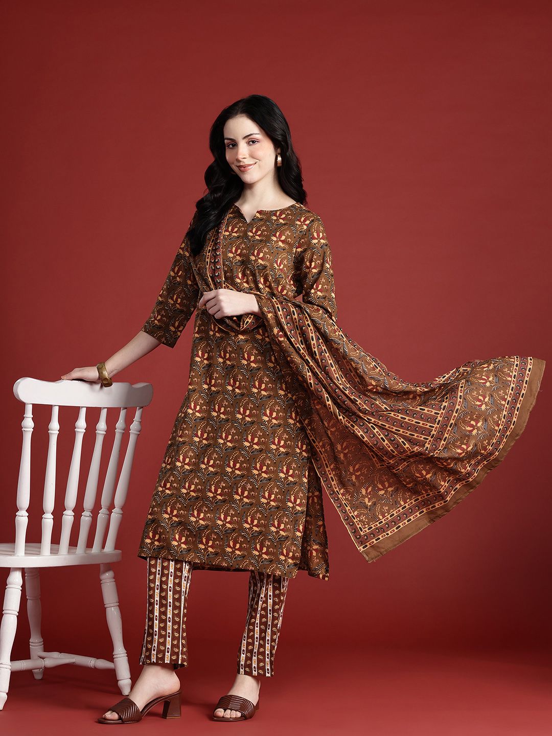 Anouk Women Ethnic Motifs Printed Pure Cotton Kurta with Trousers & Dupatta