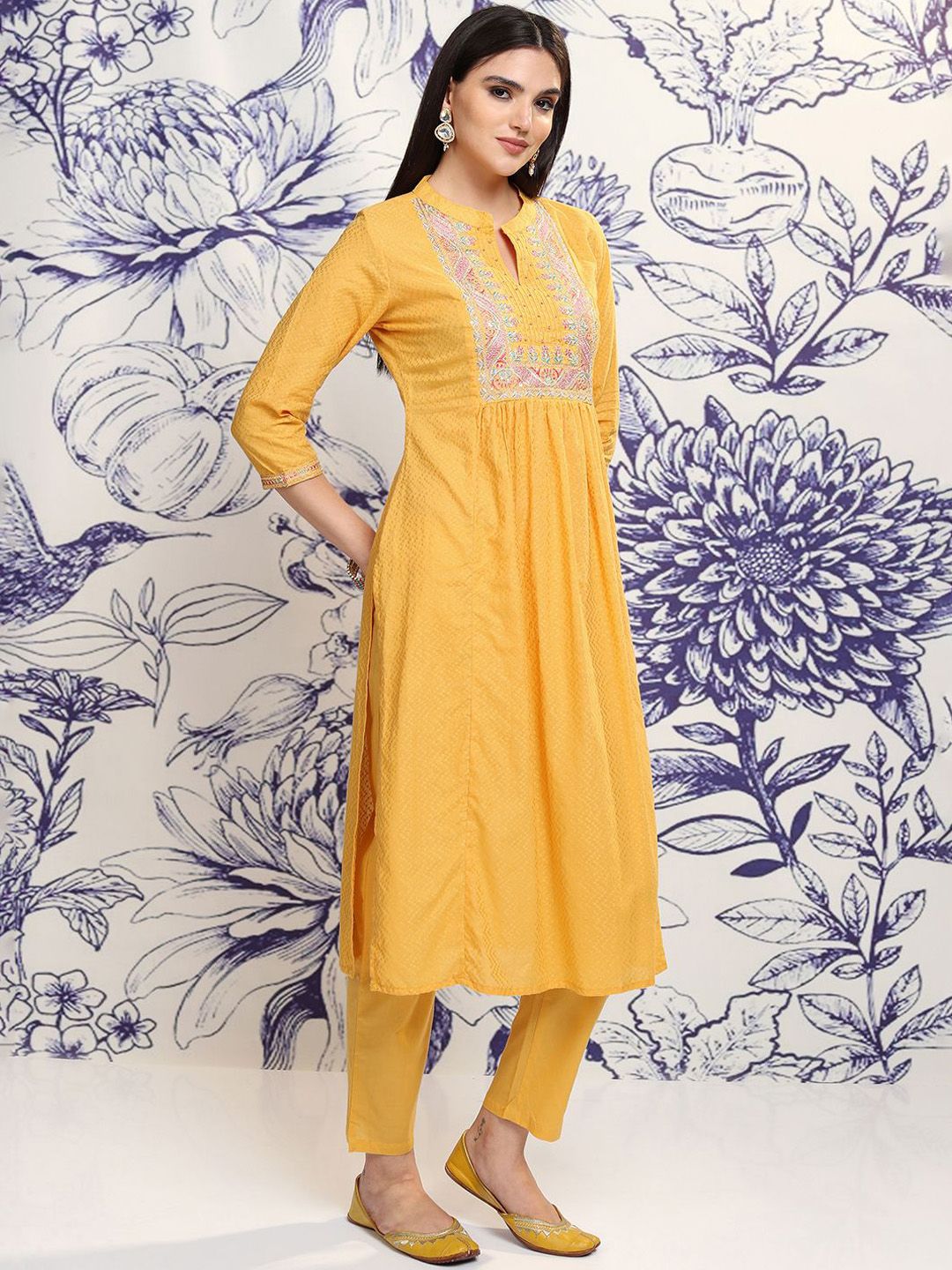 Vishudh Mustard Yellow Embroidered Regular Sequinned Pure Cotton Anarkali Kurta Set