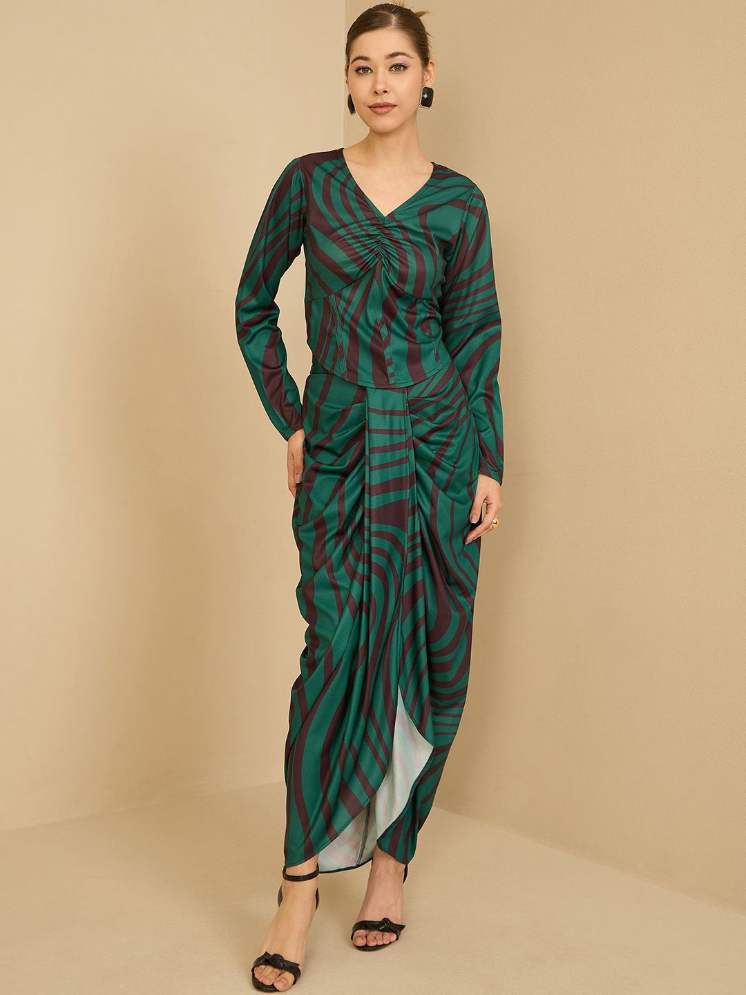 Antheaa Green Printed V-Neck Top With Skirt