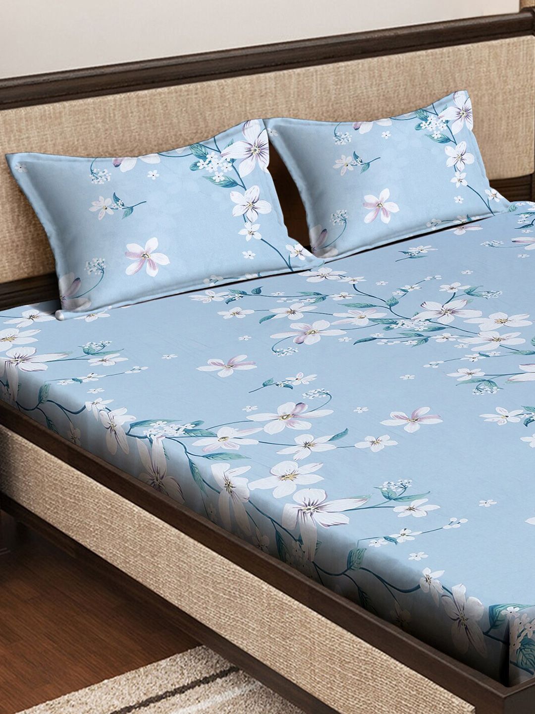 KLOTTHE Blue Floral Printed Fitted 400 TC Cotton King Bedsheet & 2 Pillow Covers