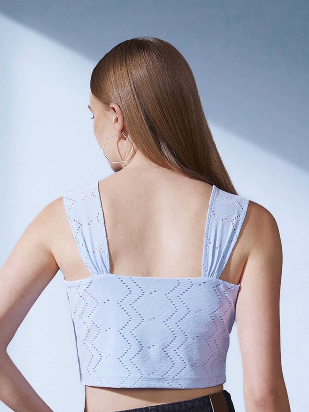 STREET 9 Blue Self Design Fitted Crop Top