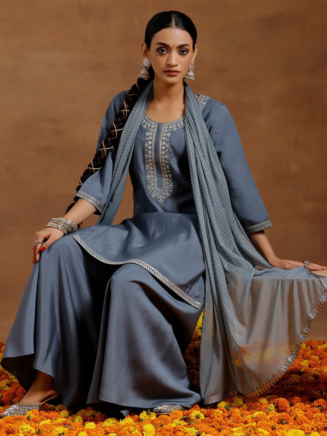Libas Floral Yoke Design Sequinned Straight Kurta With Palazzos &  Dupatta
