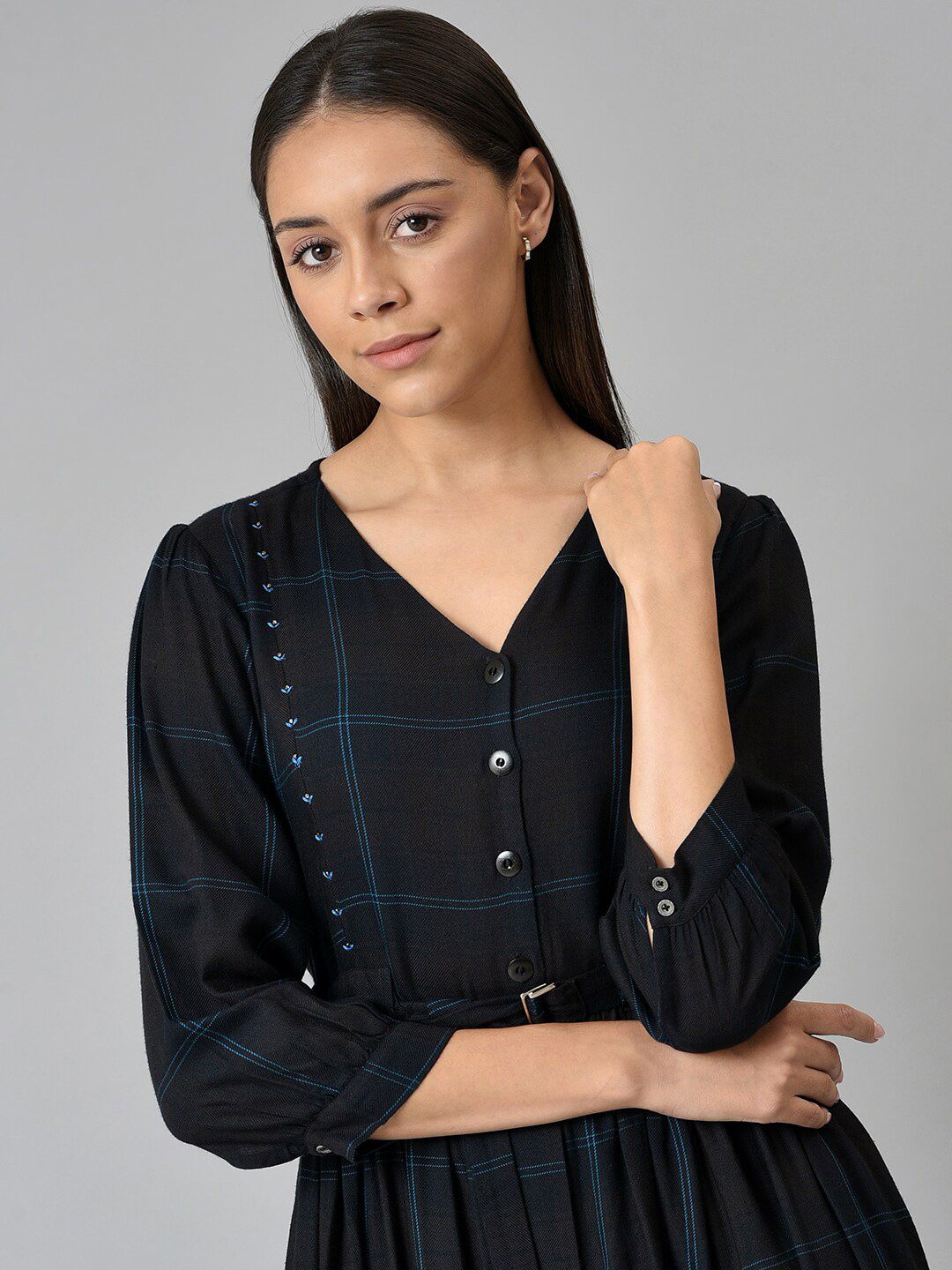W Black Checked A-Line Midi Dress