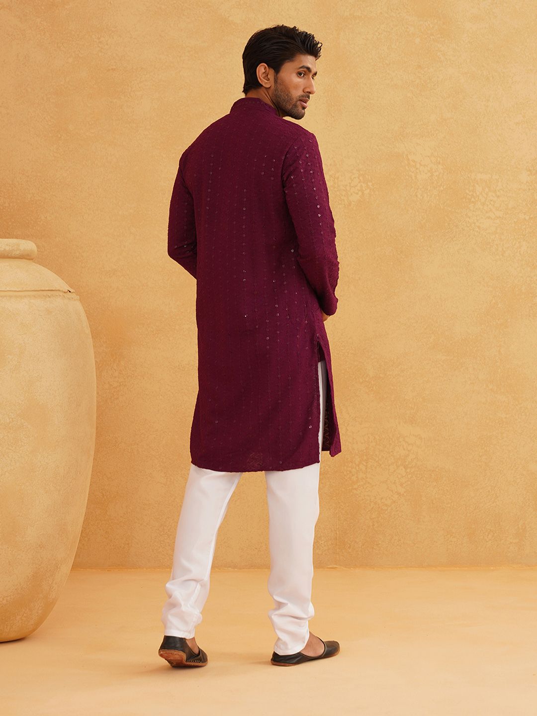 SOJANYA Geometric Embroidered Sequence Mandarin Collar Pure Cotton Kurta