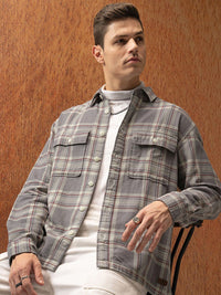 Locomotive Premium Men Grey Oversized Dobby Textured Checked Utility Pocket Overshirt